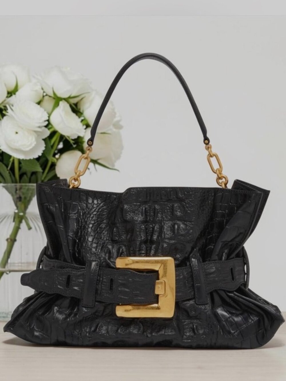 NWT Balmain Anthem Croc-Embossed Medium Shoulder Bag COA